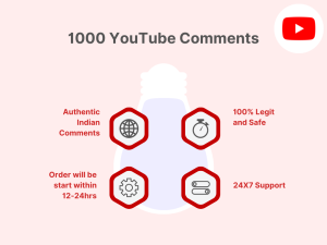A graphic showing steps to get thousands of YouTube comments. Text on the graphic includes "1000 YouTube comments," "Guaranteed Delivery," and "24/7 Support."