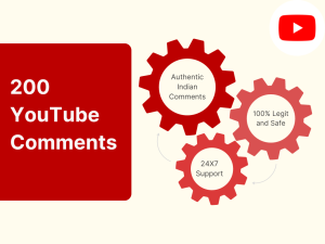 Red graphic with three red gears on a white background shows 200 YouTube Comments.