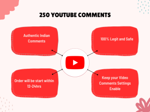 Diagram showing the process of buying 250 YouTube comments, with arrows connecting each step.