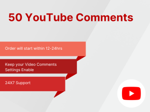 Red ribbons and text on a white background advertising 50 YouTube comment.