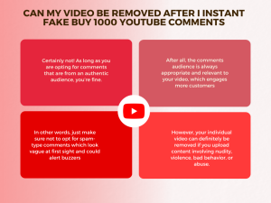 Red and pink graphic with text asking if a video can be removed after buying fake 1000 YouTube comments.