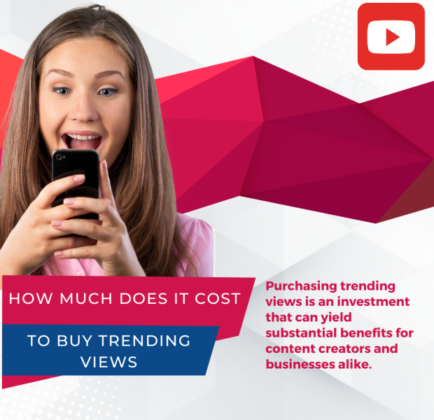 How Much Does It Cost to Buy Trending Views A young woman excitedly looking at her smartphone, with bold text asking, 'How much does it cost to buy trending views?' and a YouTube logo in the top right corner.