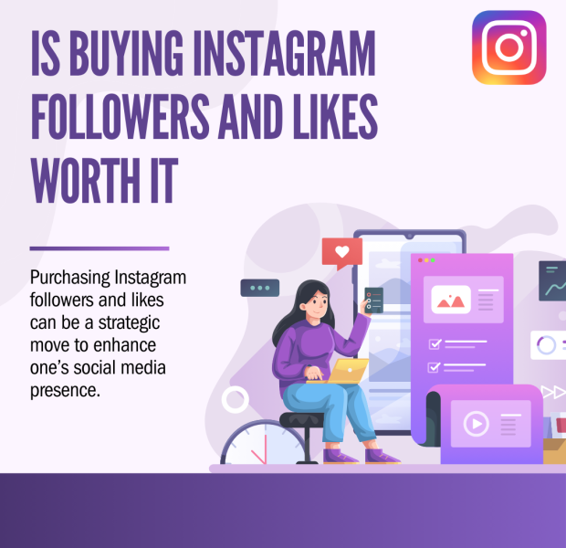 Is Buying Instagram Followers and Likes Worth It The text reads, "Is Buying Instagram Followers and Likes Worth It?" along with a subheading that says, "Purchasing Instagram followers and likes can be a strategic move to enhance one's social media presence."