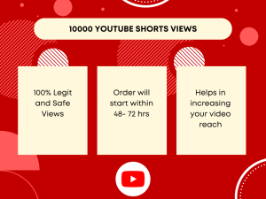 Red and white graphic with three boxes. The top box displays "10000 YOUTUBE SHORTS VIEWS".