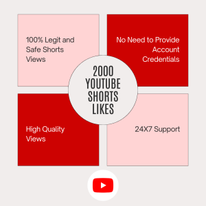 Red and pink graphic with four squares containing text about YouTube Shorts Likes.
