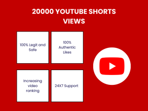Red background with white squares, YouTube logo, and text "20000 YouTube Shorts Views 100% Legal and Safe."