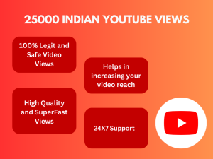 Red and orange graphic with a play button and text that says "25,000 Indian YouTube Views.