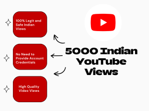 Red rectangle with white text "100% Legit and Safe Indian Views" and "5000 Indian YouTube Views".