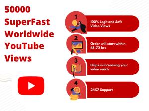 Image of a graphic promoting the benefits of purchasing 50K SuperFast YouTube views.