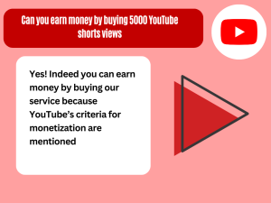 Pink screen with text box and triangle. Text asks if buying 5000 YouTube Shorts views helps you earn money, with answer saying yes and mentioning YouTube's monetization criteria.
