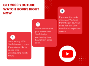 A red and white graphic with text that says "Get 2000 YouTube Watch Hours Right Now."