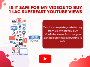 A screenshot of a website that sells YouTube views, with the text "Is it safe to buy 1 lac superfast YouTube views?" at the top.