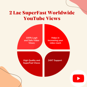 A red circle with white text that says "2 Lac SuperFast Worldwide YouTube Views" and "100% Legit and Safe Video Views."