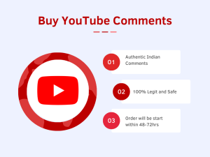 A red circle with a white play button in the center, with text above that says "Buy YouTube Comments."