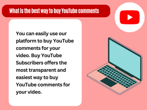 A pink laptop screen with text that says "What is the best way to buy YouTube comments?"