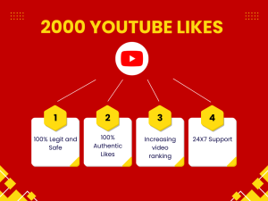 A red graphic with the text "2000 YOUTUBE LIKES" and a progress bar made of hexagons, indicating the number of likes a video has received.
