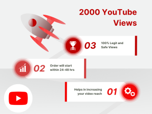 Illustration of a red rocket with a white trophy on top, flying through the air with a shadow below it. Text on the image says 2000 YouTube Views.