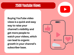 A graphic promoting buying 2500 YouTube video views, showing a phone with a YouTube video and a graph with an upward arrow. Text overlay says "Buying YouTube views: A quick and easy way to boost your channel."
