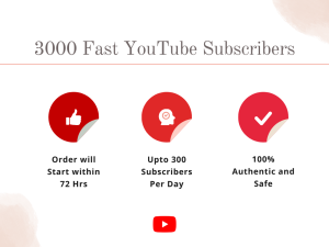 Graphic promoting a guaranteed and safe method for 3000 fast YouTube subscribers.