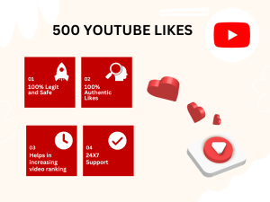 A colorful graphic titled "Benefits of Getting 500 YouTube Likes" with icons and arrows showing how likes can lead to more views, subscribers, and higher ranking.