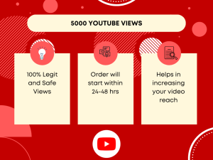 Graphic with the text "Buy YouTube Views" in blue and yellow. Below the text are four bullet points: "5000 YOUTUBE VIEWS," "100% Legit and Safe," "Views Start Within 24-48 Hours," and "Helps in Increasing Your Video Reach."