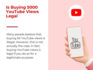 Person holding a phone with the YouTube logo on the screen, looking surprised or concerned. Text above the phone reads "Is buying 5000 YouTube views legal?"