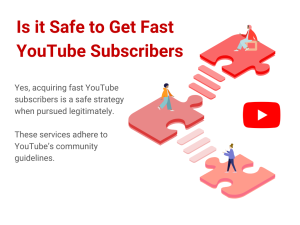 Image of a person looking at a smartphone with the YouTube logo on the screen, with text above that says "Is it safe to get fast YouTube subscribers?"