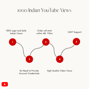 Diagram with steps to purchase Indian YouTube views. Includes information about price, delivery time, and customer support.