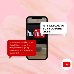 Black and white text on a red background asks the question "Is it illegal to buy YouTube likes?"