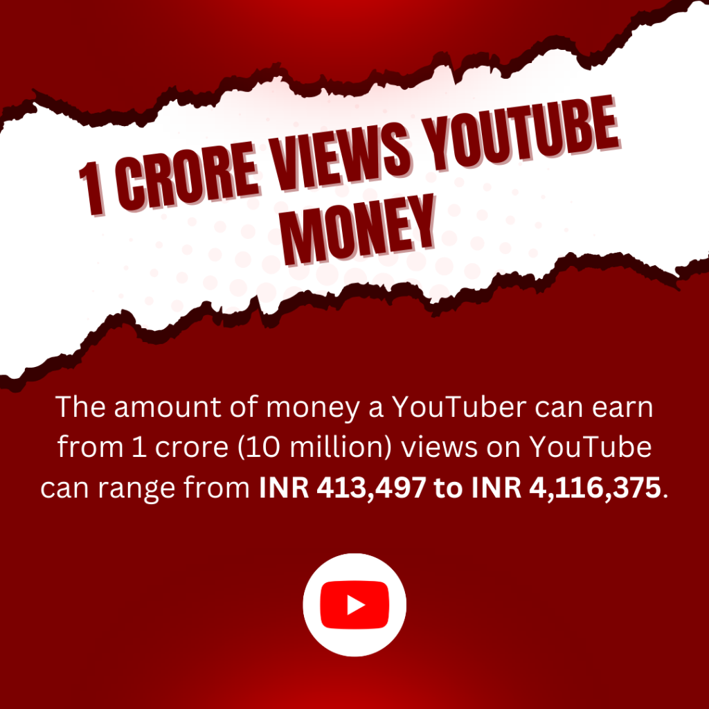 A chart titled "1 Crore Views YouTube Money" shows the estimated earnings range a YouTuber can make from 1 crore views on YouTube, from INR 413,497 to INR 4,116,375.