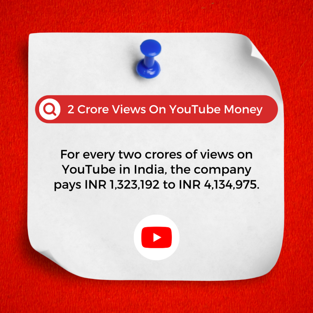 A white note with blue text pinned to a red bulletin board. The text reads "2 Crore Views on YouTube Money"
