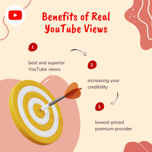 A red dart hitting the center of a blue target. Text overlay reads "Benefits of Real YouTube Views."