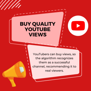 Yellow megaphone with black text on a red background. The text says 'Buy Quality YouTube Views.