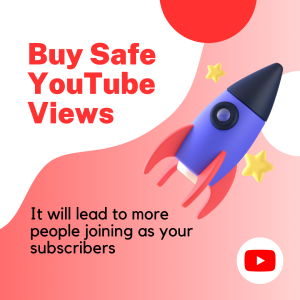 Illustration of a cartoon rocket blasting off through a night sky with stars and a crescent moon. It shows Buy Safe YouTube Views.