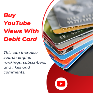 Close-up of a stack of credit cards with text overlay that says "Buy YouTube Views With Debit Card."