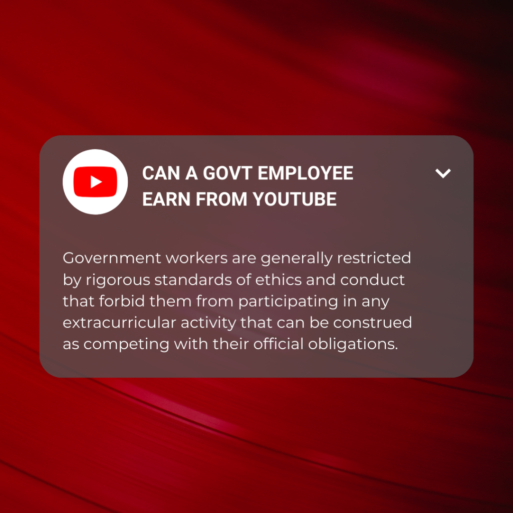 Text overlay on image asks "CAN A GOVT EMPLOYEE EARN FROM YOUTUBE".