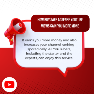 Red and white speech bubble with text about buying YouTube views.