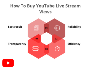 The image depicts a diagram that lists advantages of buying views for a YouTube live stream.
