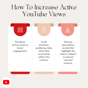 A flowchart showing tips to increase active YouTube views. The flowchart has three sections labeled "Purchase active views to boost engagement," "Craft attention-grabbing video titles," and "Choose descriptive words that accurately reflect the video's subject to attract relevant viewers."