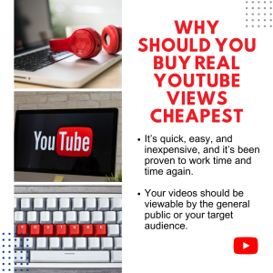 A laptop computer with a red keyboard on a desk in front of a window. Text on the screen reads "Why Should You Buy Real YouTube Views Cheapest?"