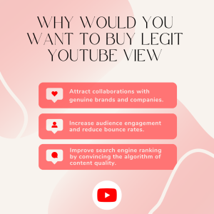A chart titled Why Buy Legal YouTube Views? It lists reasons as attracting collaborations with brands, increasing audience engagement, and improving search engine ranking.