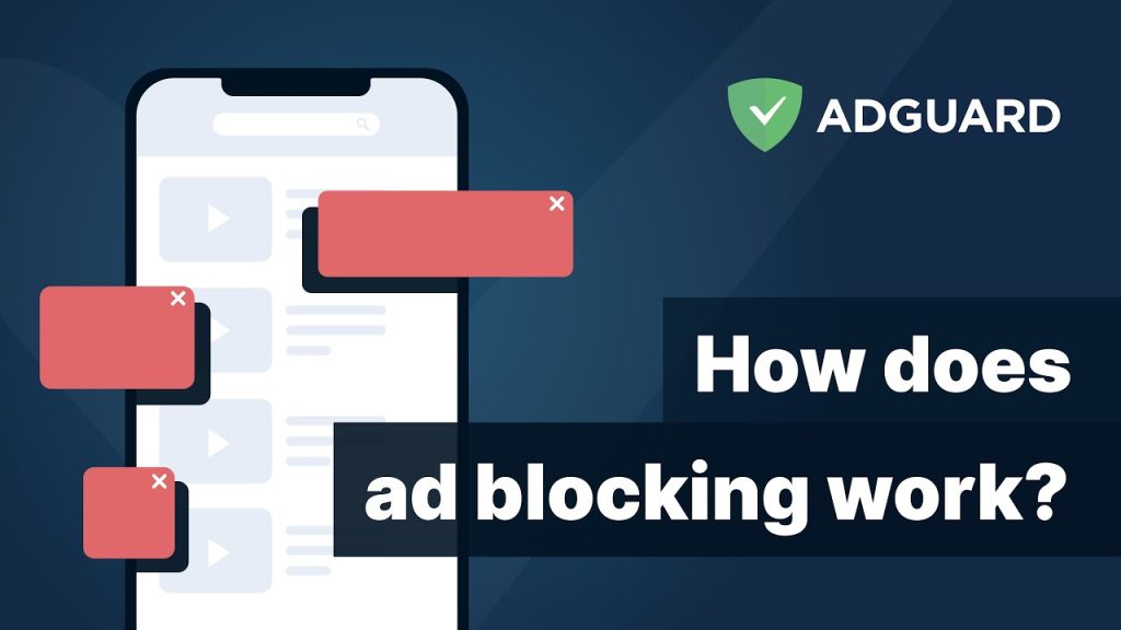 Adguard logo with a red stop sign in front of it, blocking a YouTube video with ads.