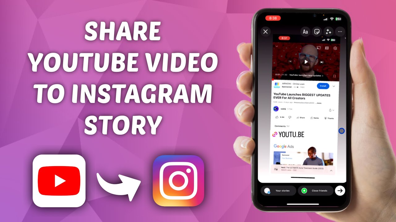 iPhone screen showing steps to share a YouTube video on Instagram Story without 10k followers.