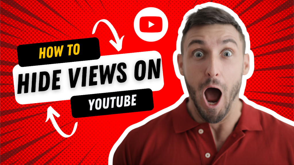 A thumbnail image for a YouTube video titled "How to Hide Views on YouTube." The background is red with a comic-style design.