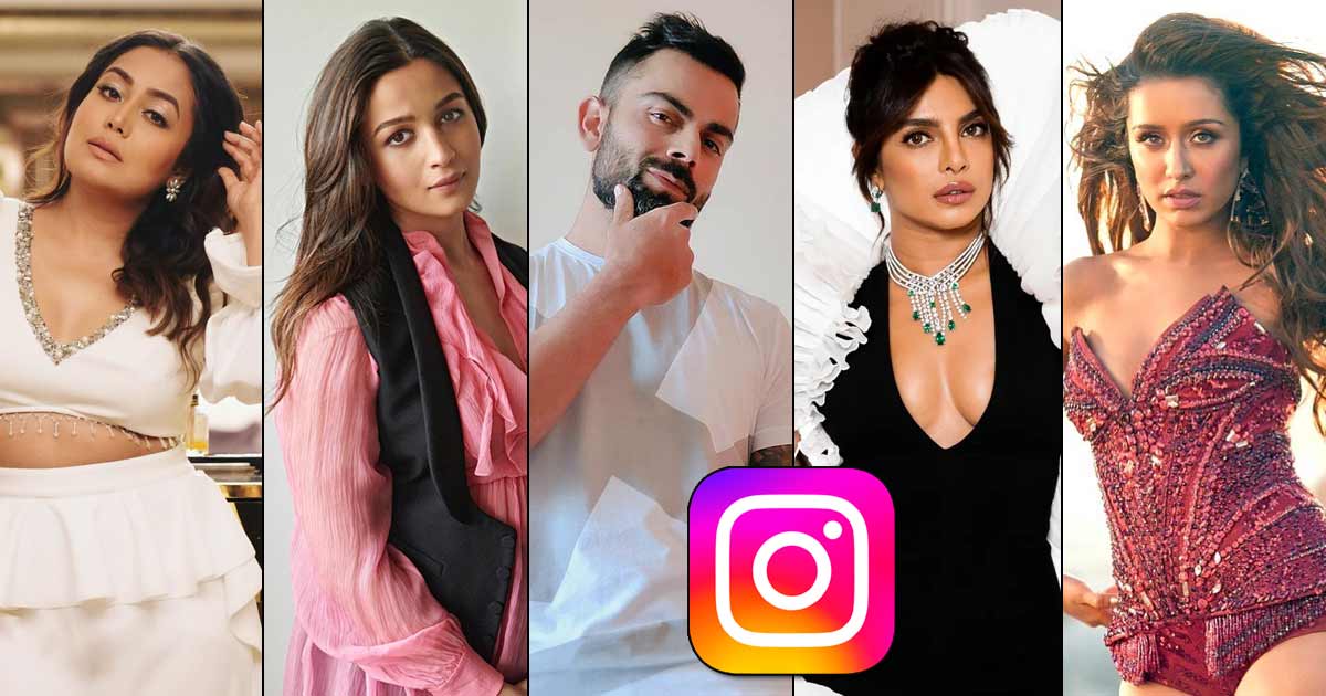 A person holding a smartphone displaying an Instagram profile of a famous Indian actress.