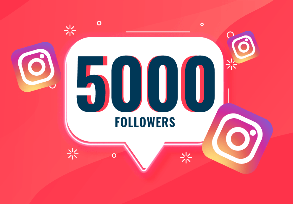 A person holding a smartphone displaying an Instagram profile with 5000 followers.