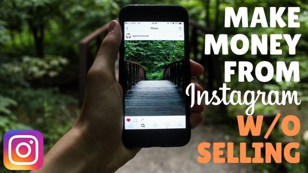 A smartphone displaying the Instagram app, with icons for likes, comments, and followers.