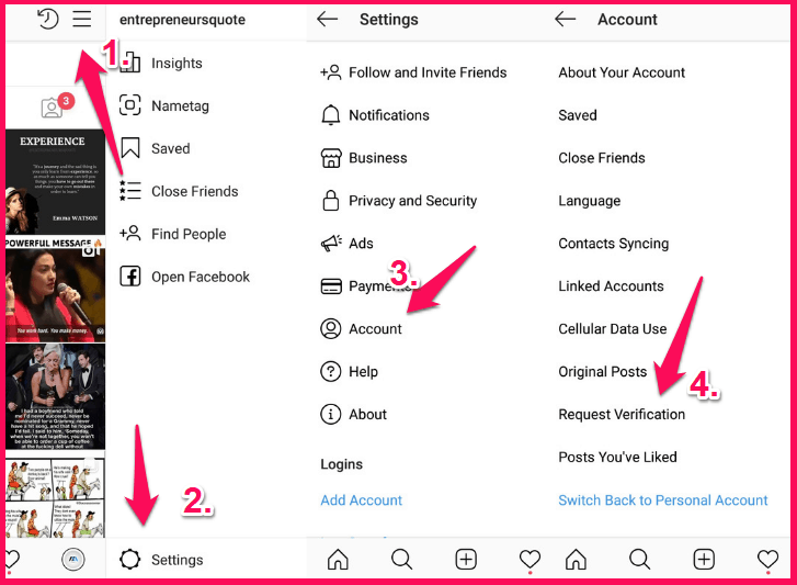 Instagram app interface showing a profile with a blue verification tick.