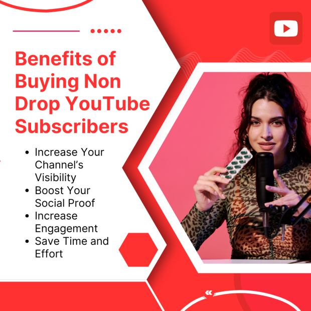 Benefits of Buying Non Drop YouTube Subscribers A digital poster titled "Benefits of Buying Non Drop YouTube Subscribers" listing advantages such as increasing channel visibility, boosting social proof, increasing engagement, and saving time and effort. The image features a woman speaking into a microphone, holding a smartphone, with a YouTube logo in the upper right corner.