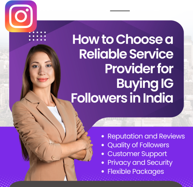 How to Choose a Reliable Service Provider for Buying IG Followers in India A confident woman in a business suit with arms crossed stands next to text reading "How to Choose a Reliable Service Provider for Buying IG Followers in India." The Instagram logo appears at the top left corner.